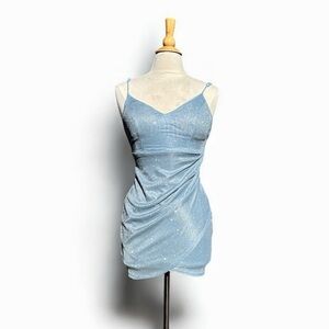 Midnight Doll Elegant Sparkling Pastel Blue Women's Dress, cross cross tie back